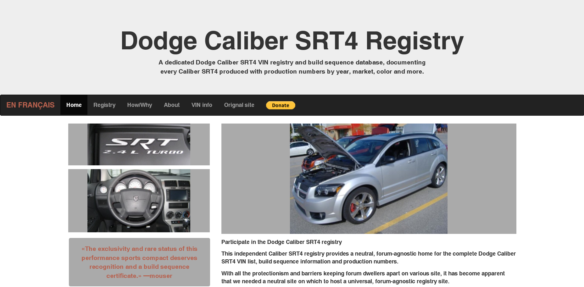 Caliber SRT4 Registry website screenshot